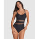 Glittery Tummy Shaping One-Piece Swimsuit with Mesh Stripes - Style Gallery