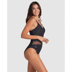 Glittery Tummy Shaping One-Piece Swimsuit with Mesh Stripes - Style Gallery