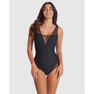 Glittery Tummy Shaping One-Piece Swimsuit with Mesh - Style Gallery