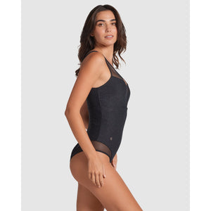 Glittery Tummy Shaping One-Piece Swimsuit with Mesh - Style Gallery