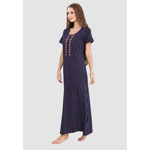 Long Button Up Neckline Pure Cotton Nighty-Navy