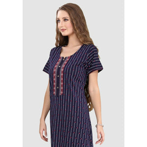 Long Button Up Neckline Pure Cotton Nighty-Navy