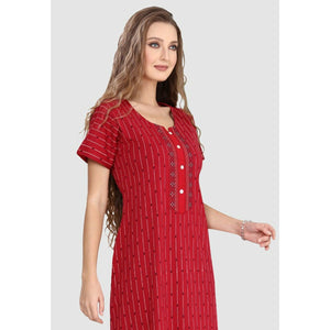 Long Button Up Neckline Pure Cotton Nighty-Red