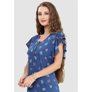 Long Ruffle Sleeve Heart Print Pure Cotton Nighty-Blue