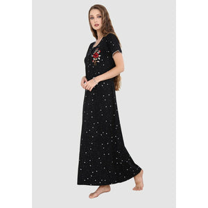 Long Floral Embroidery Pure Cotton Nighty-Black