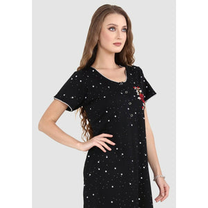 Long Floral Embroidery Pure Cotton Nighty-Black