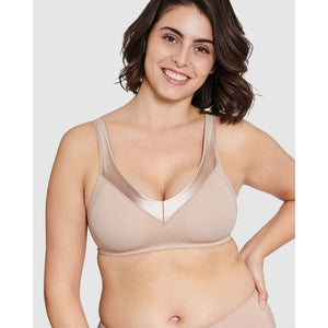 Moulded Soft Cup Wirefree Bra With Satin Trim-Light Beige